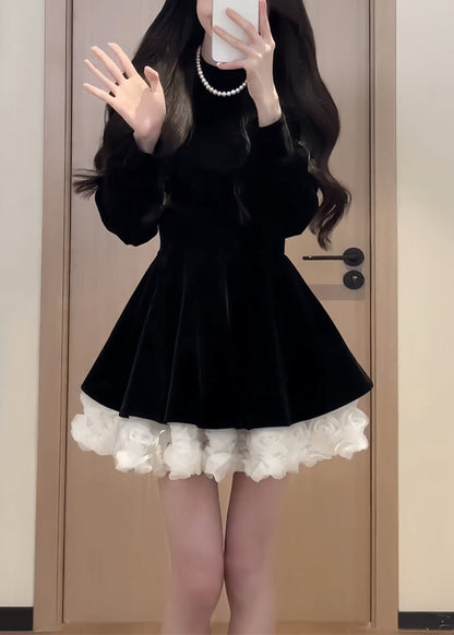 Simple Black O Neck Solid Patchwork Silk Velvet Mid Dress Spring YT036