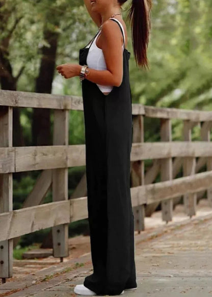 Slash Summer Jumpsuit Simple Patchwork Neck Leg Wide Black