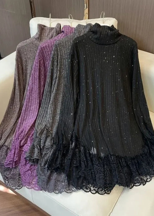Simple Black Sequins Patchwork Lace Knit Pullover Spring YF023
