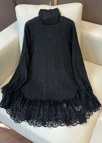 Simple Black Sequins Patchwork Lace Knit Pullover Spring YF023