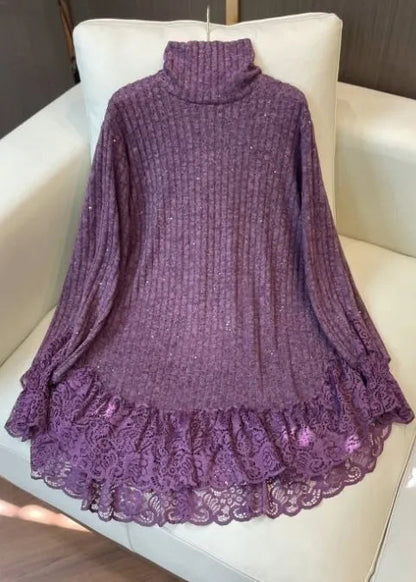 Simple Black Sequins Patchwork Lace Knit Pullover Spring YF023