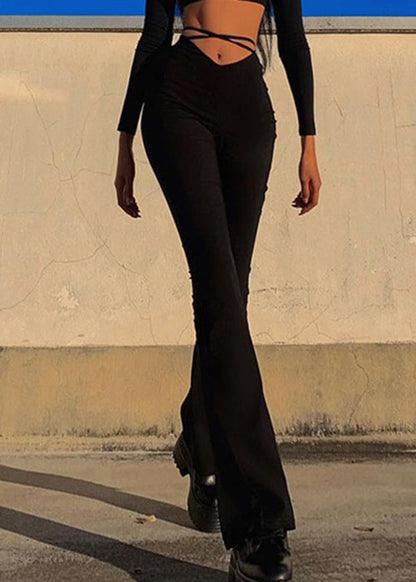 Simple Black Solid High Waist Cotton Flared Trousers Spring YZ069