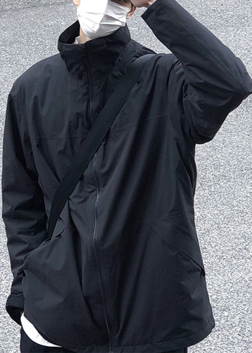 Up Coat Solid Men Zip Spring Simple Cotton Collar Stand Black