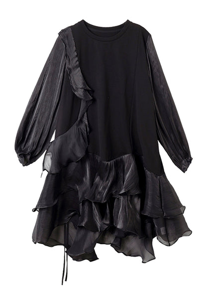 Black Dress Lantern Patchwork Mid Simple Holiday Sleeve Tulle