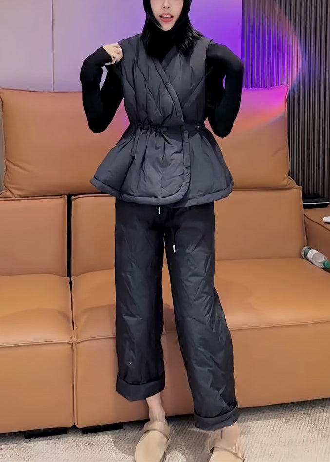 Simple Black Turtleneck Elastic Waist Fine Cotton Filled Three Pieces Set Spring YW024