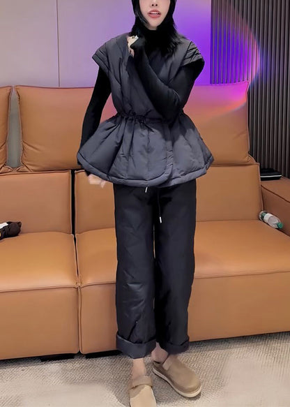 Simple Black Turtleneck Elastic Waist Fine Cotton Filled Three Pieces Set Spring YW024