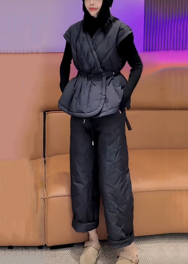 Simple Black Turtleneck Elastic Waist Fine Cotton Filled Three Pieces Set Spring YW024