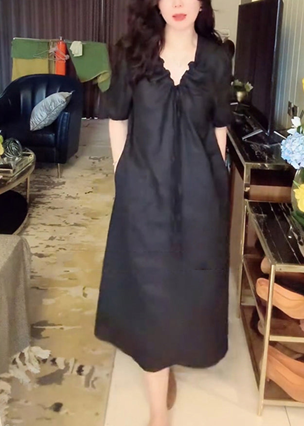 Simple Pockets Black Long Neck Up Summer Dress Linen V Lace