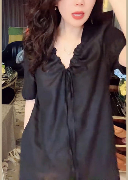 Simple Pockets Black Long Neck Up Summer Dress Linen V Lace