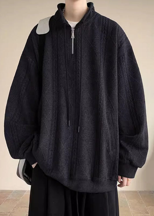 Pockets Spring Black Zip Mens Up Simple Sweatshirt Cotton Solid