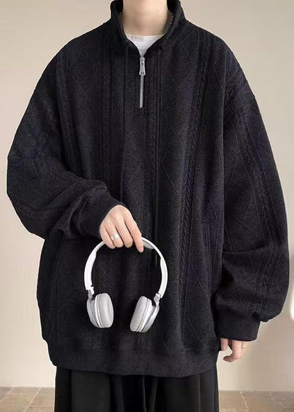 Pockets Spring Black Zip Mens Up Simple Sweatshirt Cotton Solid