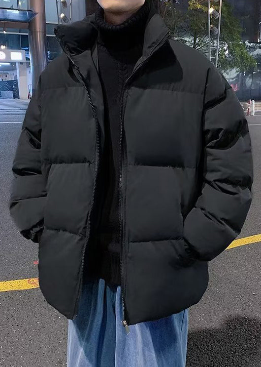 Simple Black Zip Up Pockets Solid Men Parka WinterRM012