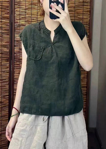 Simple Blackish Linen Neck Sleeveless Green Vests V