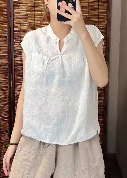 Simple Blackish Linen Neck Sleeveless Green Vests V