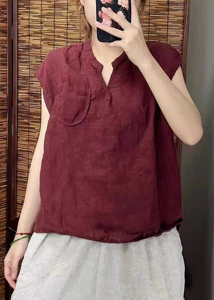 Simple Blackish Linen Neck Sleeveless Green Vests V