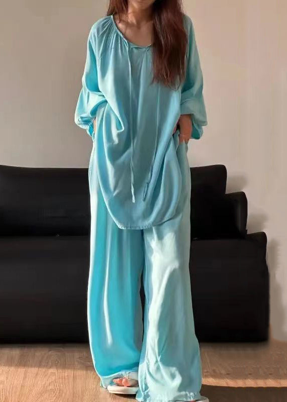 Two Piece O Set Cotton Up Lace Pajamas Blue Neck Simple Solid