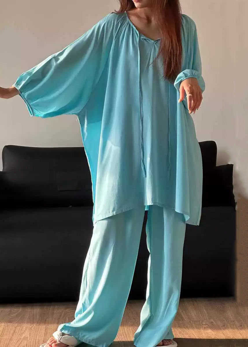Two Piece O Set Cotton Up Lace Pajamas Blue Neck Simple Solid