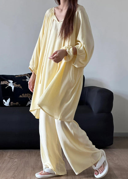 Two Piece O Set Cotton Up Lace Pajamas Blue Neck Simple Solid