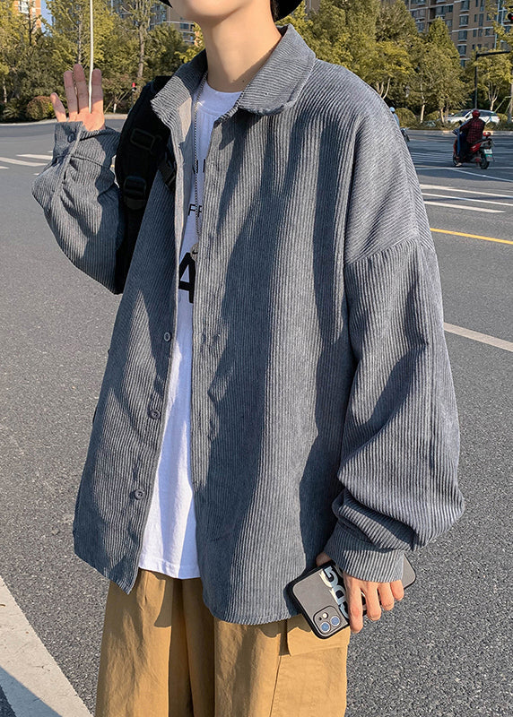 Simple Collar Peter Shirts Corduroy Button Blue Coat Mens Pan