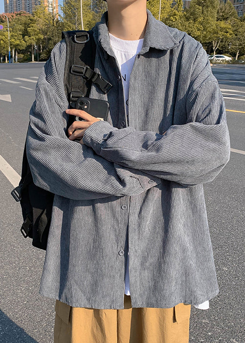 Simple Collar Peter Shirts Corduroy Button Blue Coat Mens Pan