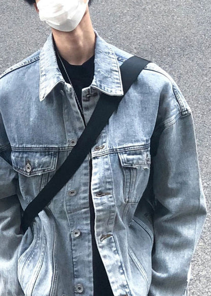 TC043 Collar Spring Simple Peter Coats Button Denim Mens Pan Blue