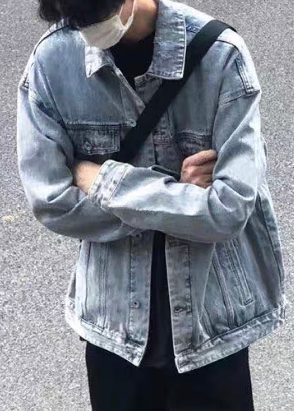 TC043 Collar Spring Simple Peter Coats Button Denim Mens Pan Blue