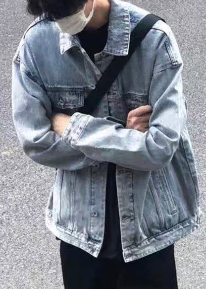 TC043 Collar Spring Simple Peter Coats Button Denim Mens Pan Blue