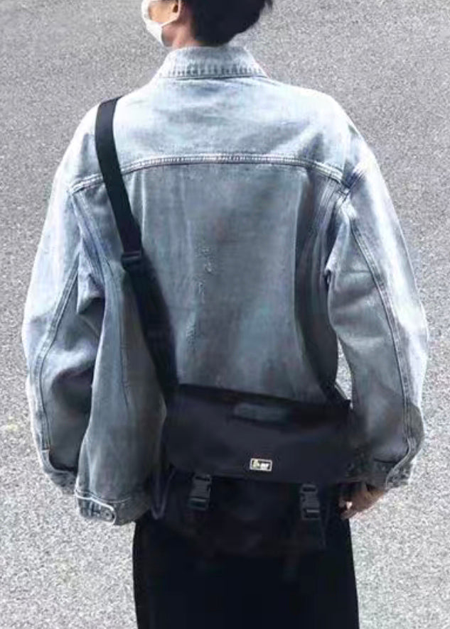 TC043 Collar Spring Simple Peter Coats Button Denim Mens Pan Blue