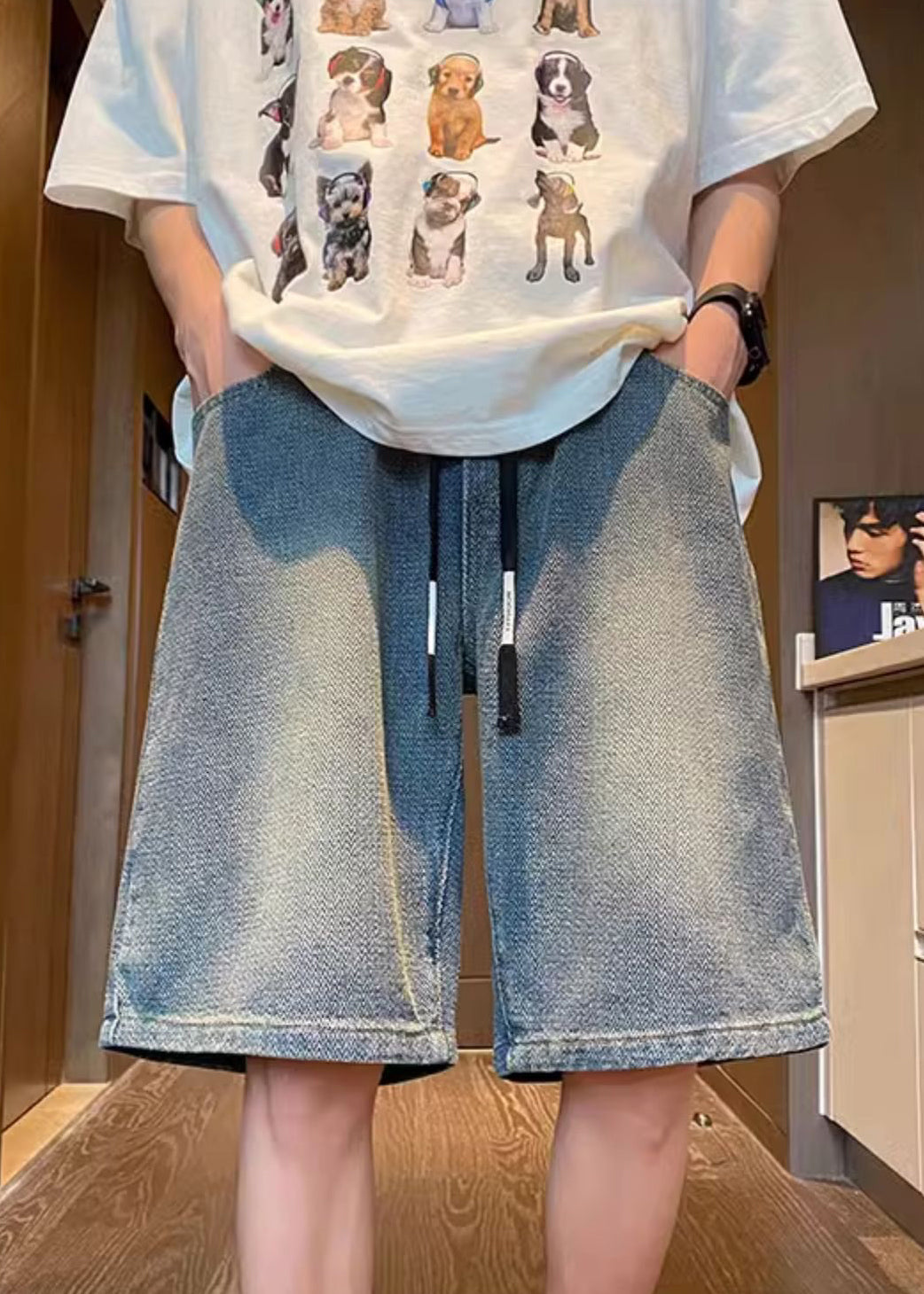 Blue Men Denim Elastic Shorts Waist Simple Summer Pockets