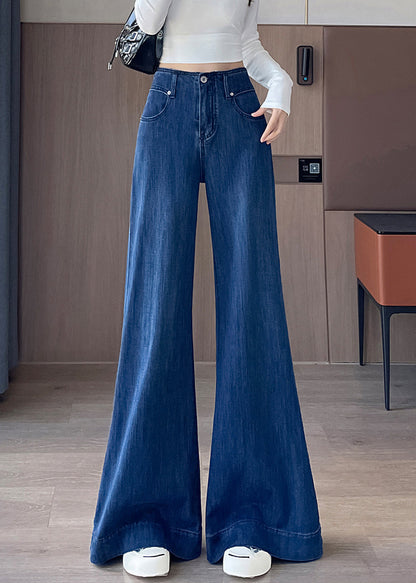 Blue Waist Fall Simple Denim Pockets Trousers High Flared
