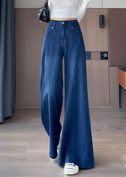 Blue Waist Fall Simple Denim Pockets Trousers High Flared