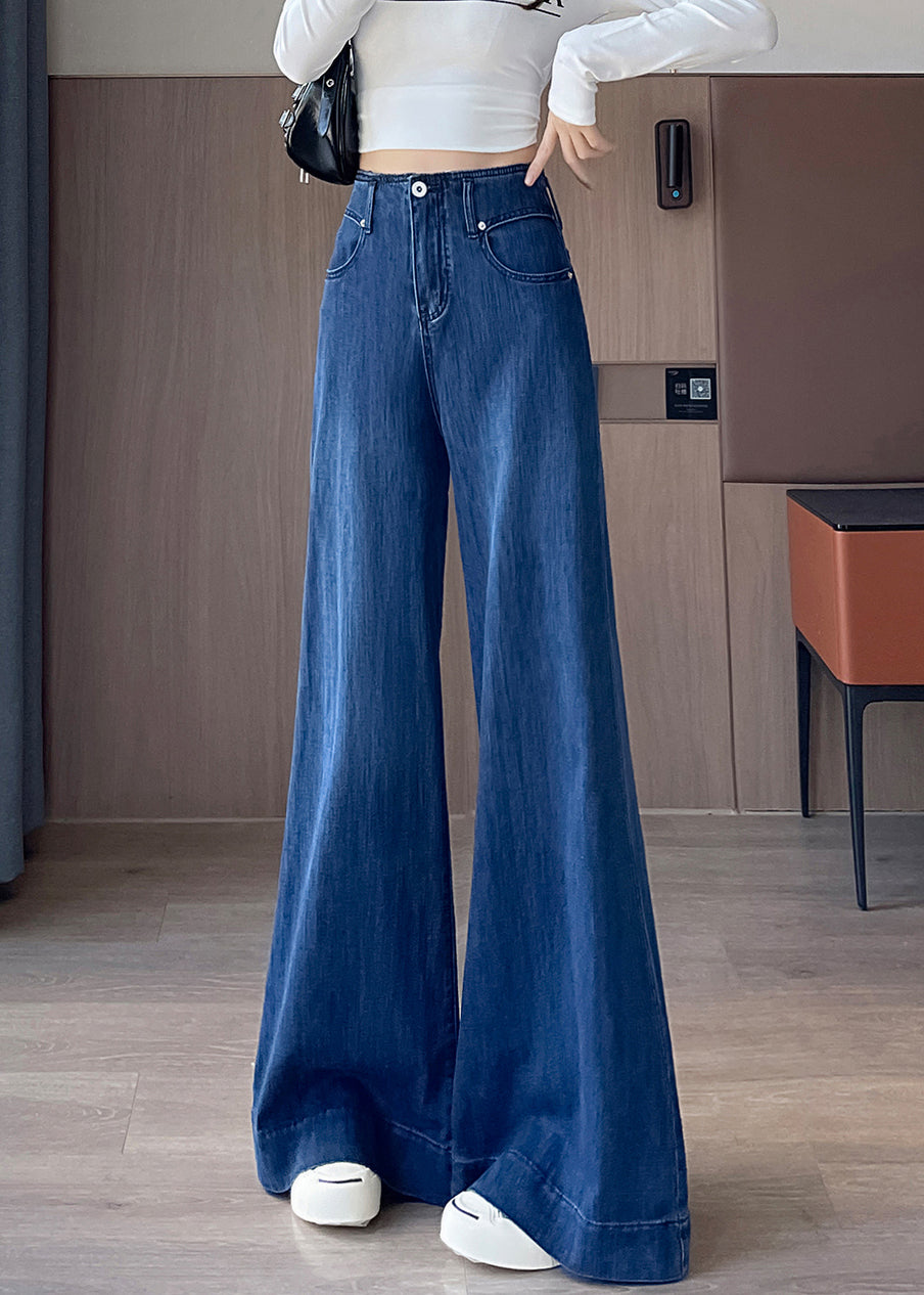 Blue Waist Fall Simple Denim Pockets Trousers High Flared