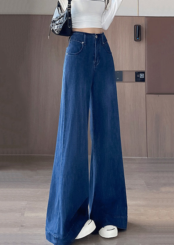 Blue Waist Fall Simple Denim Pockets Trousers High Flared