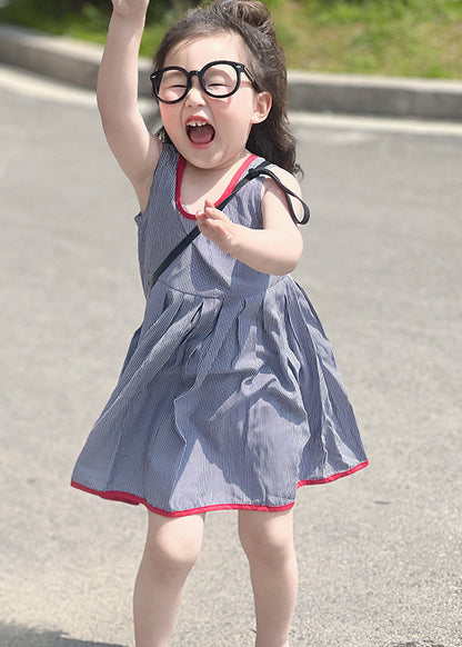 Simple Blue Striped Patchwork Kids Strap Mid Dress Sleeveless GF014