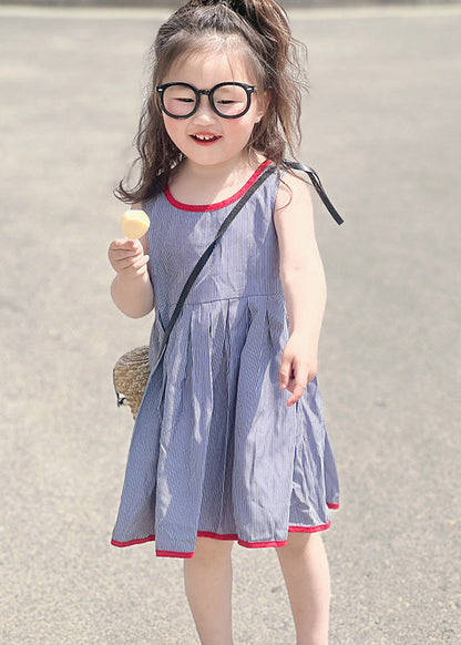 Simple Blue Striped Patchwork Kids Strap Mid Dress Sleeveless GF014