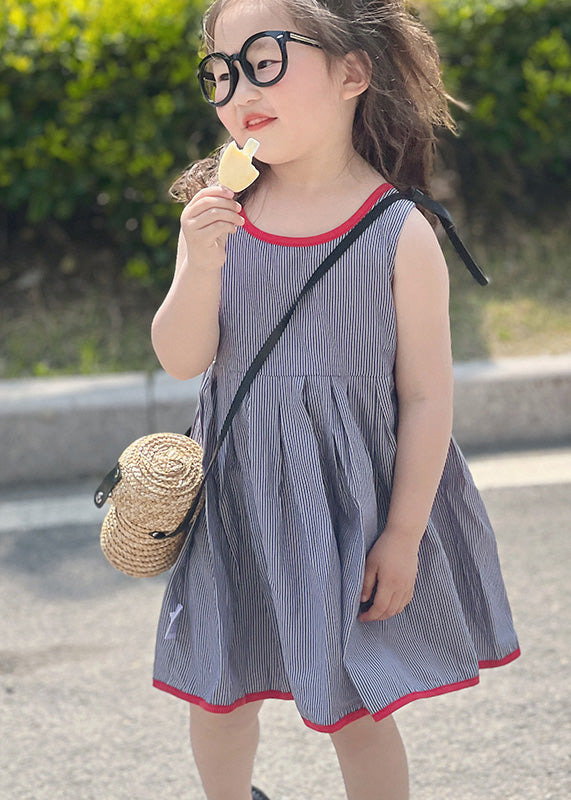 Simple Blue Striped Patchwork Kids Strap Mid Dress Sleeveless GF014