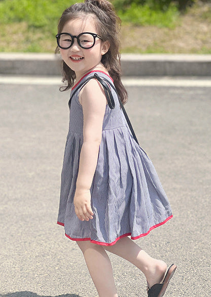 Simple Blue Striped Patchwork Kids Strap Mid Dress Sleeveless GF014