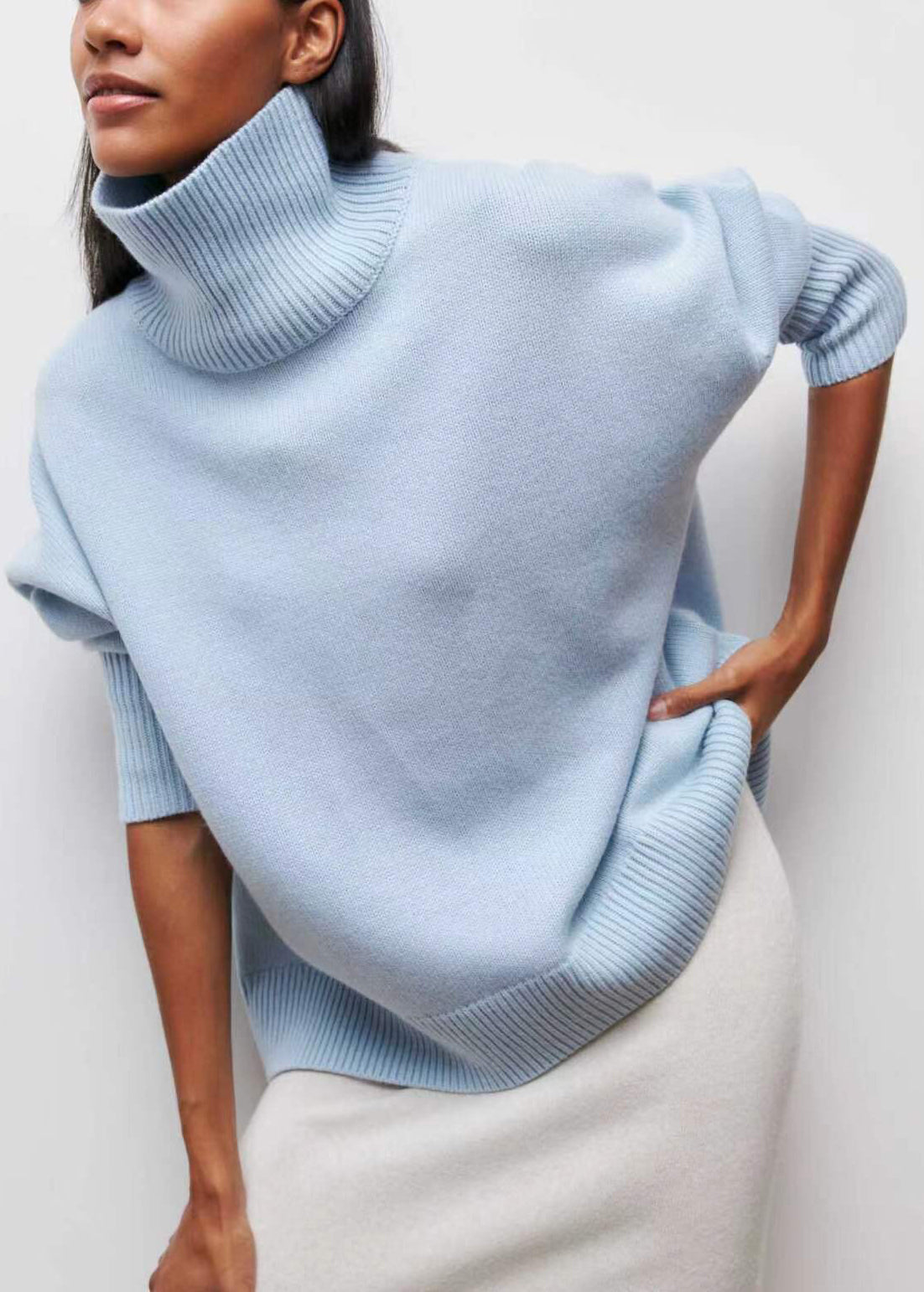 Spring Turtleneck Simple Blue Solid Knit Sweaters