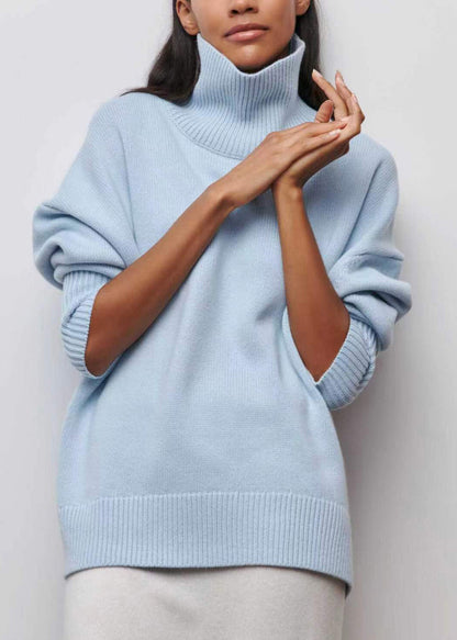 Spring Turtleneck Simple Blue Solid Knit Sweaters