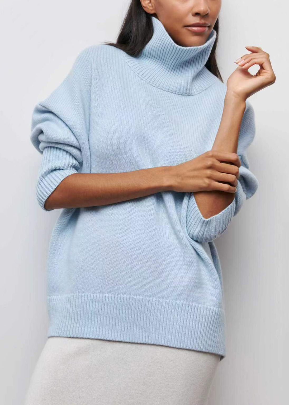 Spring Turtleneck Simple Blue Solid Knit Sweaters