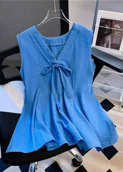 Bow Simple V Solid Cotton Blue Sleeveless Tank Neck