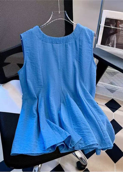 Bow Simple V Solid Cotton Blue Sleeveless Tank Neck