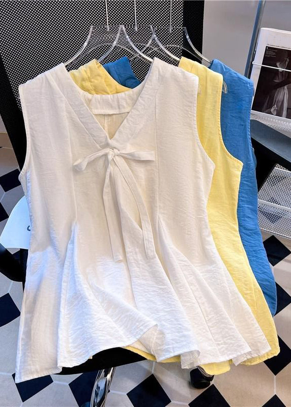 Bow Simple V Solid Cotton Blue Sleeveless Tank Neck