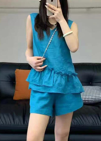 Set Two Blue Sleeveless Neck Linen Simple V Piece Ruffled
