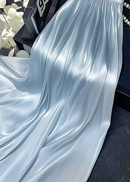 Solid Simple Wrinkled Skirt Waist Silk Elastic Summer Blue