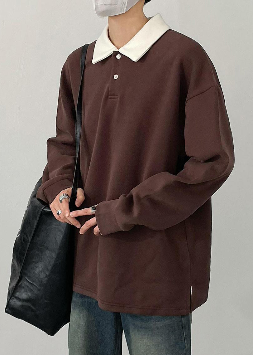 TC023 Spring Cotton Button Simple Shirt Brown Men Polo Patchwork