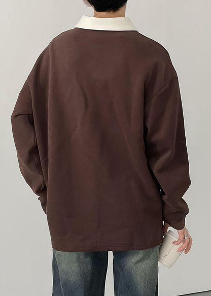 TC023 Spring Cotton Button Simple Shirt Brown Men Polo Patchwork