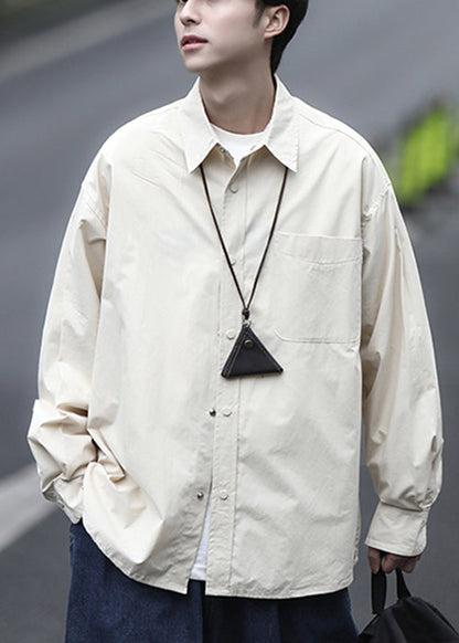 Men Simple Peter Brown Shirts Pan Collar Cotton Spring Button