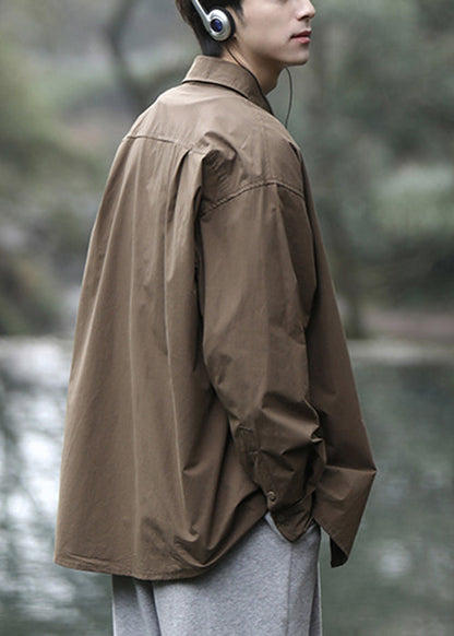 Men Simple Peter Brown Shirts Pan Collar Cotton Spring Button