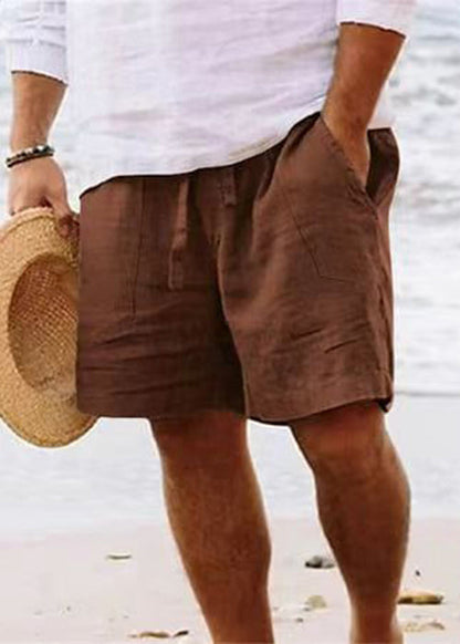 Simple Waist Cotton Pockets Shorts Solid Summer Brown Men Elastic